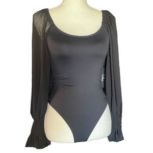 NWT Lulus Womens Scoop Neck High Cut Bodysuit Top Chiffon Long Sleeve Size XS